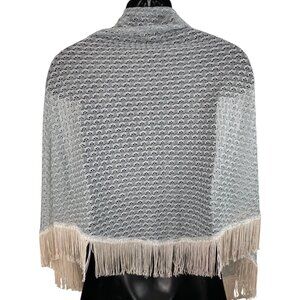 Vintage Light Gray Lace Knit Shawl With White Fringe Trim